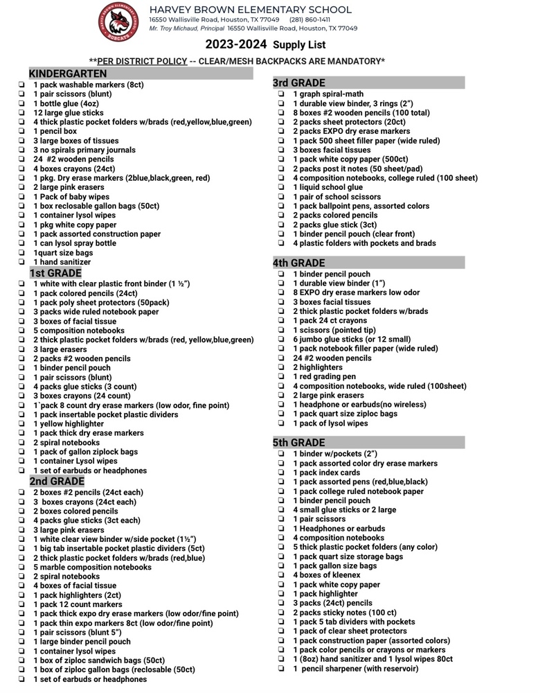 School Supply List Harvey Brown Elementary School
